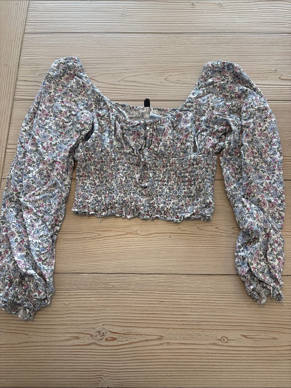 H&M Smocked Floral Long-Sleeve Crop Top - Pink & Green